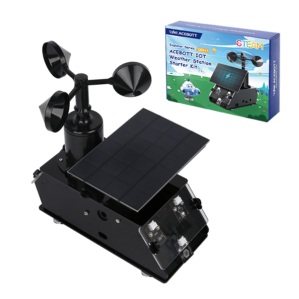 Station météo ESP32 ACEBOTT assemblée : anémomètre à coupelles, panneau solaire et boîtier de capteurs, avec sa boîte Explorer Series
